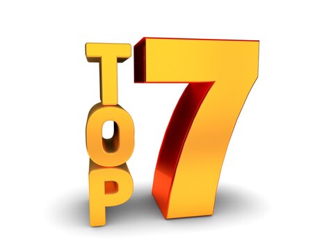 3d Shiny Golden "TOP 7" with Symbol Bold Reflection Text on White Background. 3d iconic illustration. 3d Golden Font.