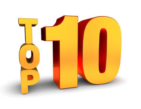 3d Shiny Golden "TOP 10" with Symbol Bold Reflection Text on White Background. 3d iconic illustration. 3d Golden Font.