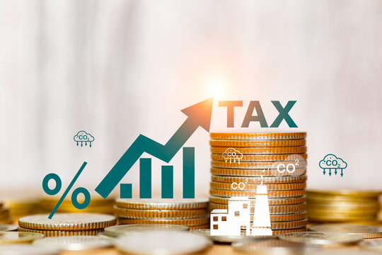 Carbon tax concept, coin to stacked coins with tax icons and upward arrows, symbolizing financial growth, tax management, and economic investment.