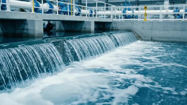 Industrial Water Treatment Process: Overflowing Waterfall with Pipelines in a Purification Plant