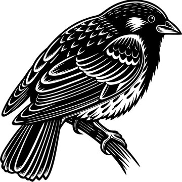 Sparrow looking down silhouette, calm pose, white background