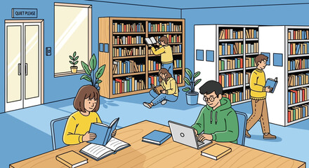 Diverse students reading and studying in a bright, modern library with bookshelves and laptops. © Kuri