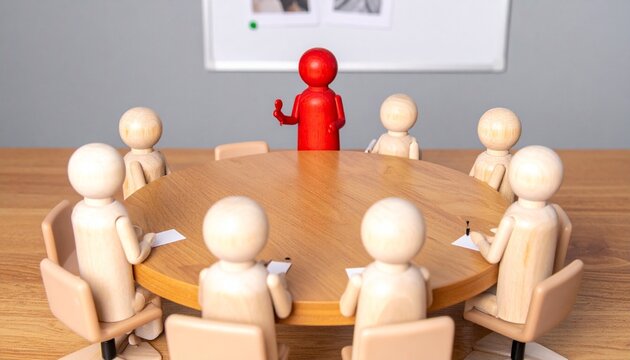 Red figurine leading group around circular wooden table, addressing seated figures, whiteboard in background, symbolizing teamwork, leadership, collaboration, and decision-making dynamics.