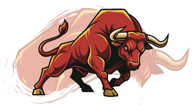 Aggressive red bull charging forward with horns