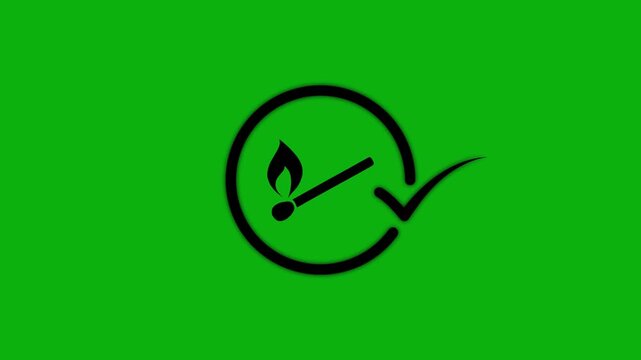 Minimalist matchstick ignition icon animation with checkmark symbol appearing on green screen background.