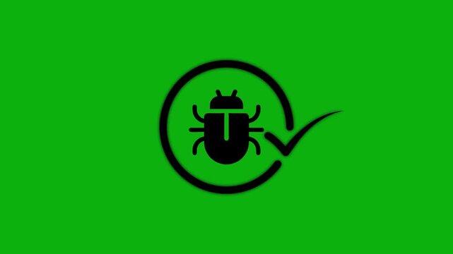 Bug fix animation with black beetle icon and check mark symbol on green screen background for software testing.