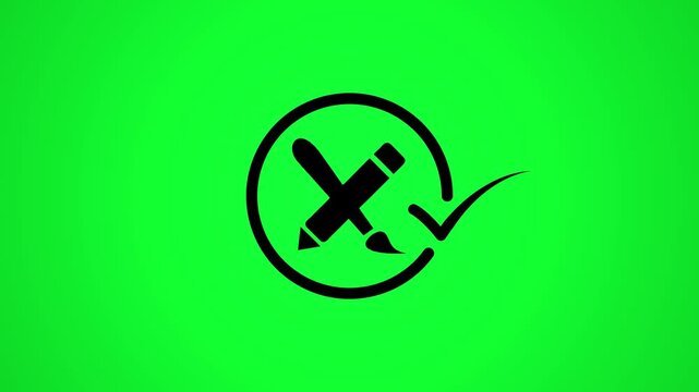 Animated creative design symbol with brush and pencil icons forming check mark on green screen background.