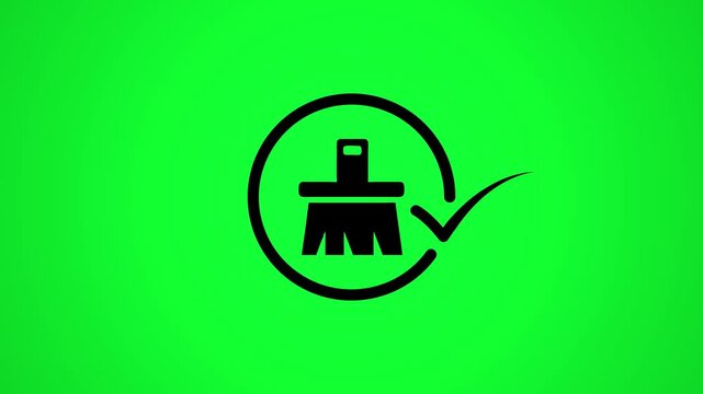Animation of black cleaning brush icon with check mark symbol appearing on green screen background for hygiene.