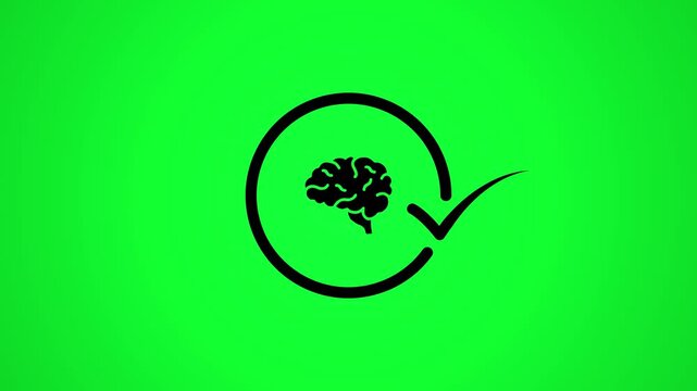 Minimalist black brain icon with check mark symbol animation on green screen background for cognitive health.
