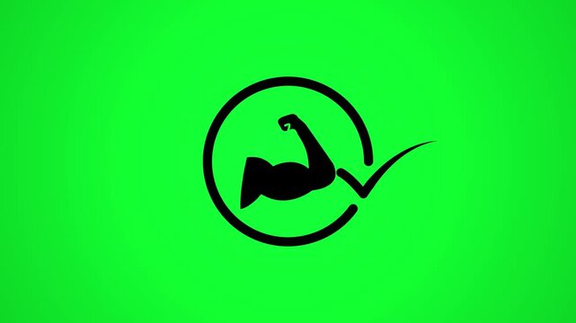 Minimalist muscle arm icon animation with checkmark on green screen background representing fitness goals.