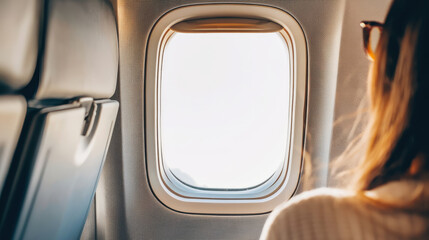 Naklejka premium Airplane window view with passenger looking outside, travel and vacation concept, soft light minimal scene