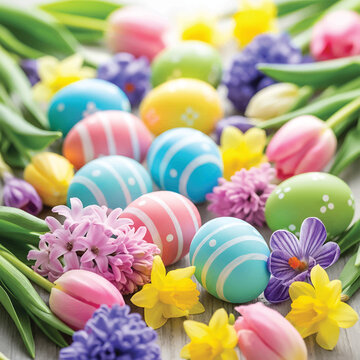 Colorful Easter Eggs and Spring Flowers.
