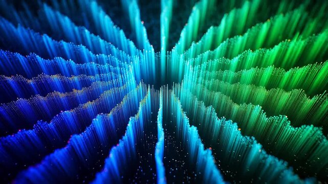 Abstract blue-green fiber wave with digital light points