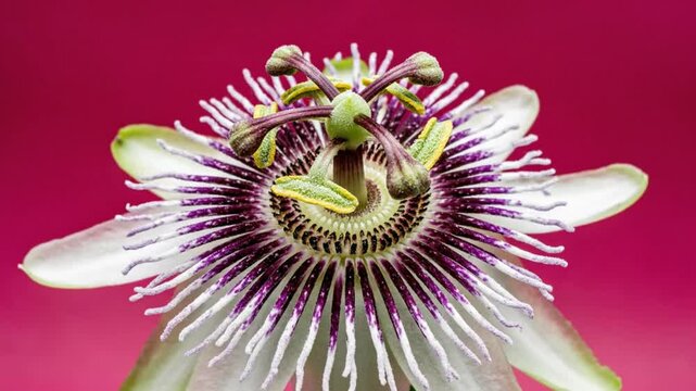 Time Lapse of a Passion Flower Blooming Against a Bright Pink Background, Revealing Intricate Details and Beauty