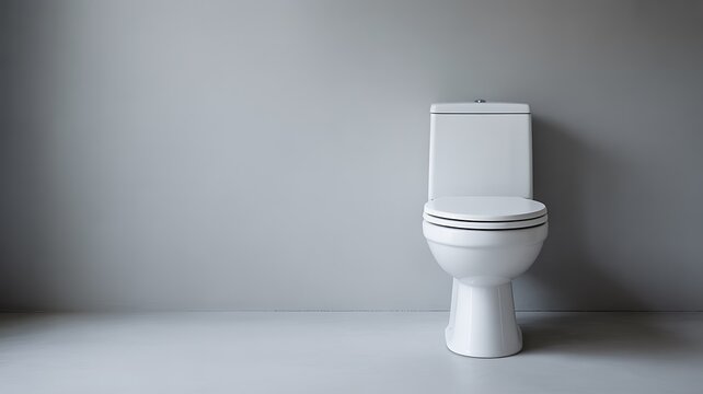 Modern white toilet bowl in minimalist bathroom interior with clean grey background