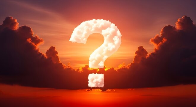 Question mark made of clouds in the sky at sunset, conceptual image representing uncertainty, mystery, or curiosity