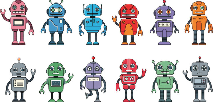 Retro robot cartoon character collection with colorful vintage android designs vector illustration set of cute technology mascots isolated on light background