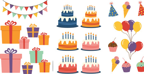 Birthday celebration collection with cakes balloons gifts and party decorations cartoon vector illustration set for festive event design © Yevhenii creative