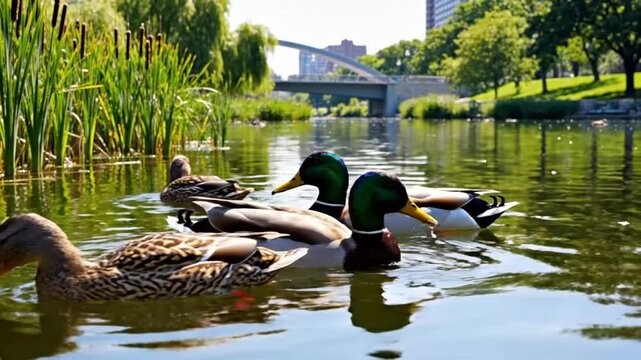 Scenic view of a flock of mallard ducks swimming in a peaceful pond on a sunny day with trees and a bridge in the background.