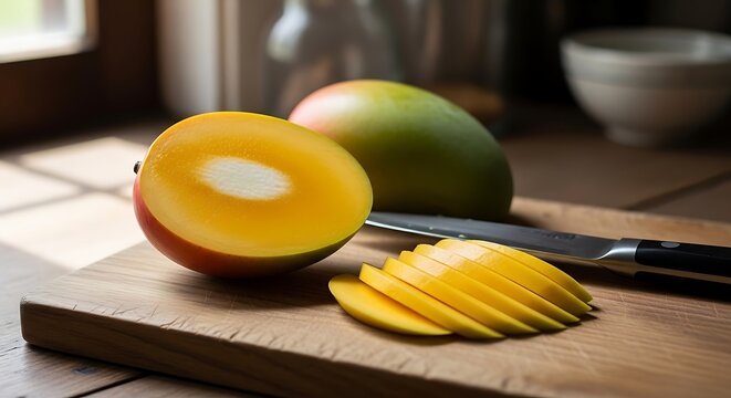A fresh juicy mango cut into thin slices sitting on a wooden cutting board in a dark kitchen. ataulfo mango