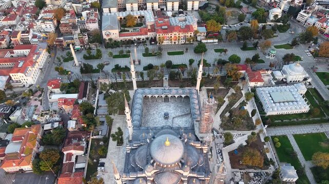 Aerial Shot of Sultan Ahmed Mosque and Taksim Square in Istanbul, Turkey at Sunrise