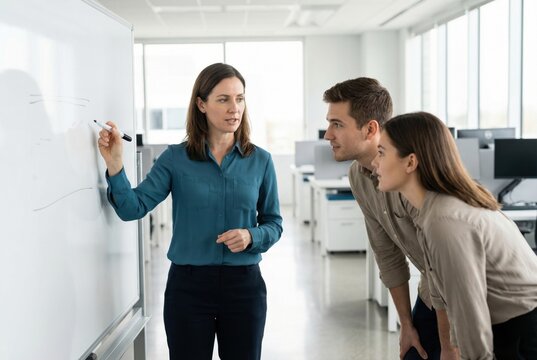 Woman manager writing on whiteboard in office during meeting. Businessman and businesswoman listening to expert explanation. Corporate team collaboration and professional training concept.