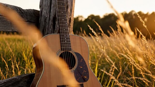 Guitar leaning on fence in field.