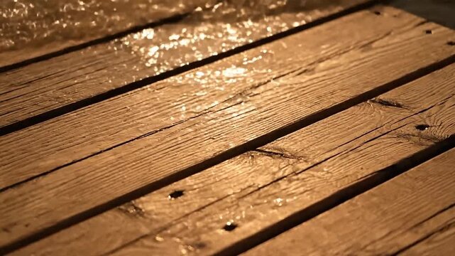 Glistening water droplets illuminate the rich, textured grain of rustic wooden planks, creating a serene and natural background