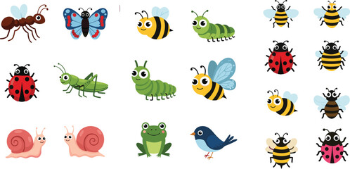 Cute insect and small animals collection with bee butterfly ladybug ant snail frog and bird cartoon vector illustration set for kids © Yevhenii creative