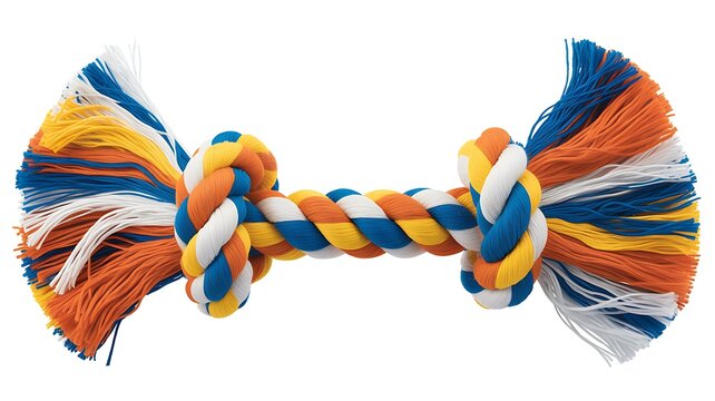Colorful braided rope dog toy with knots isolated on white background for pet play and training concept
