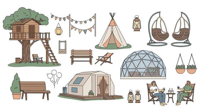 Set of cozy glamping elements including treehouse tipi tent geodesic dome and outdoor furniture for luxury camping.