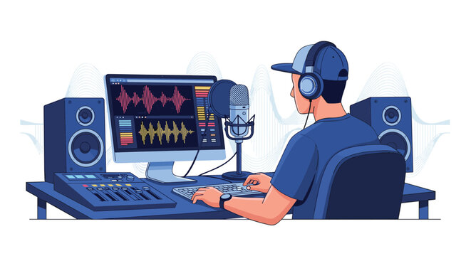 Content creator or musician working in a professional recording studio with audio equipment and computer waveforms.
