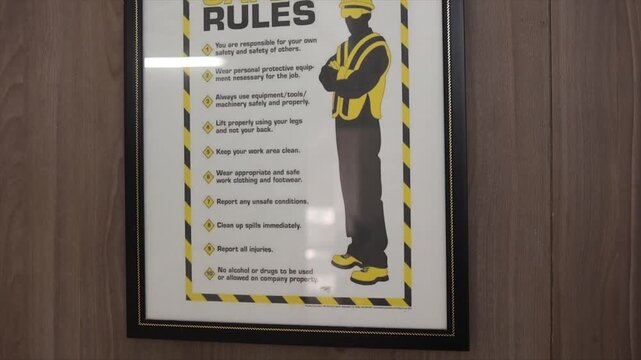 Workplace Safety Rules Poster with Yellow Warning Stripes and Icons in Industrial Factory Setting.
