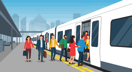 Diverse commuters boarding a modern subway train at a bustling city station platform. © renza