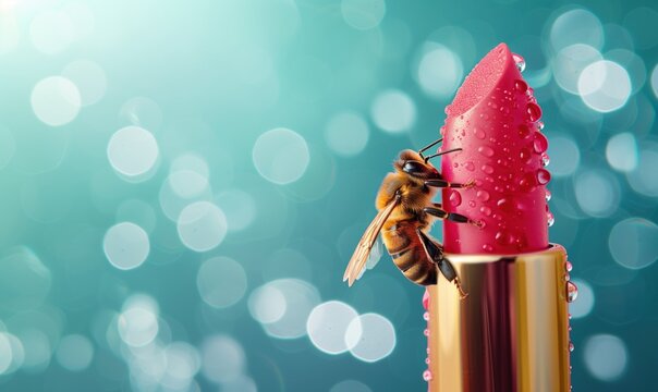 A bee perched delicately on a red flower against a sky backdrop.