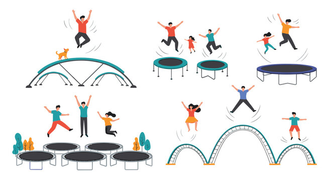 Group of people and families having fun jumping on various types of trampolines at an indoor or outdoor sports park or recreation center.