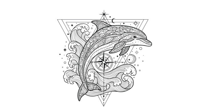 Black and white line art illustration of a dolphin jumping out of stylized ocean waves against a geometric background with a compass.