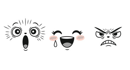 Fototapeta premium Collection of expressive cartoon faces displaying emotions of surprise, joy, and anger in a simple line art style