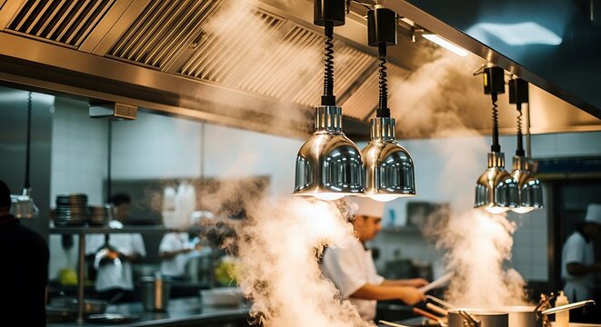 Chef cooking under exhaust hood in restaurant kitchen