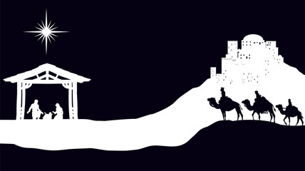 Obraz premium A Christmas nativity scene with baby Jesus in the manger, wise men and city of Bethlehem in the background
