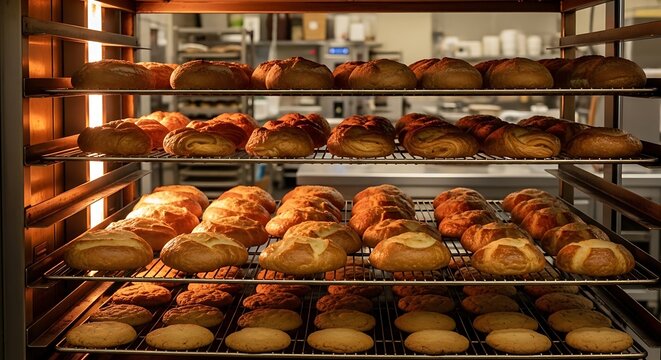 Industrial oven display with baked fresh bread and pastries