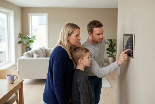 Family using smart home controller on wall. Caucasian father, mother and son interacting with digital interface. Modern lifestyle, automation technology and energy management at home.