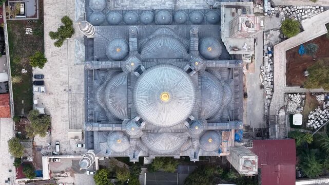 Shot from directly above Sultan Ahmed Mosque (Blue Mosque) in Istanbul, Turkey.
