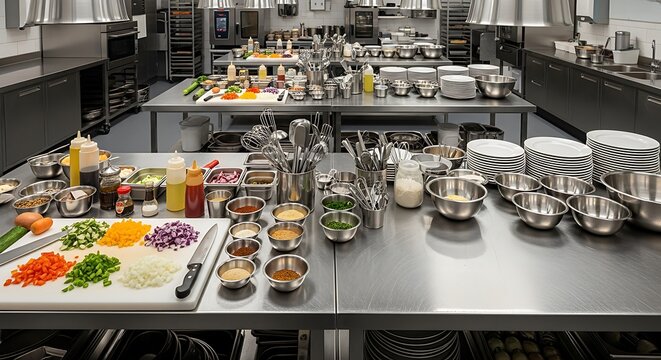 Professional kitchen with food preparation on stainless steel tables