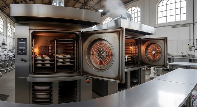 Large Commercial Ovens Baking Bread in a Factory Kitchen