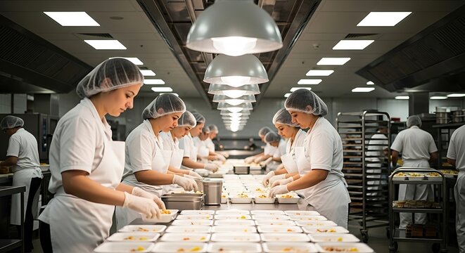 Clean uniformed workers assembling meals in a commercial kitchen