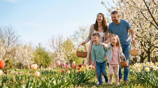 Family collecting Easter egg in spring garden. Happy woman, man, girl and boy walking among blooming flowers. Fun holiday tradition and outdoor activity. Loving parents with kid together.