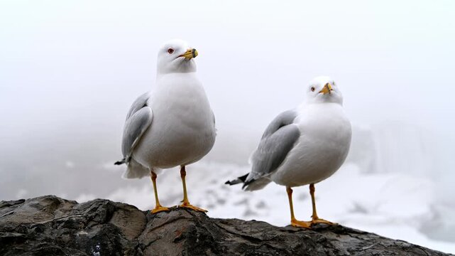 Two seagulls standing on rocks in fog with natural ambient sound, cinematic wildlife clip
