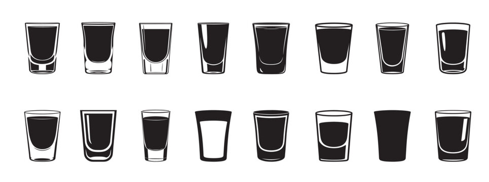Set of  juice glass icon vector illustration isolated on white background. espresso shot glass silhouette Black silhouettes with white background, vector illustration.
