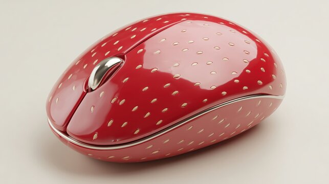 A stylish mouse with a vibrant red and gold speckled design and ergonomic shape
